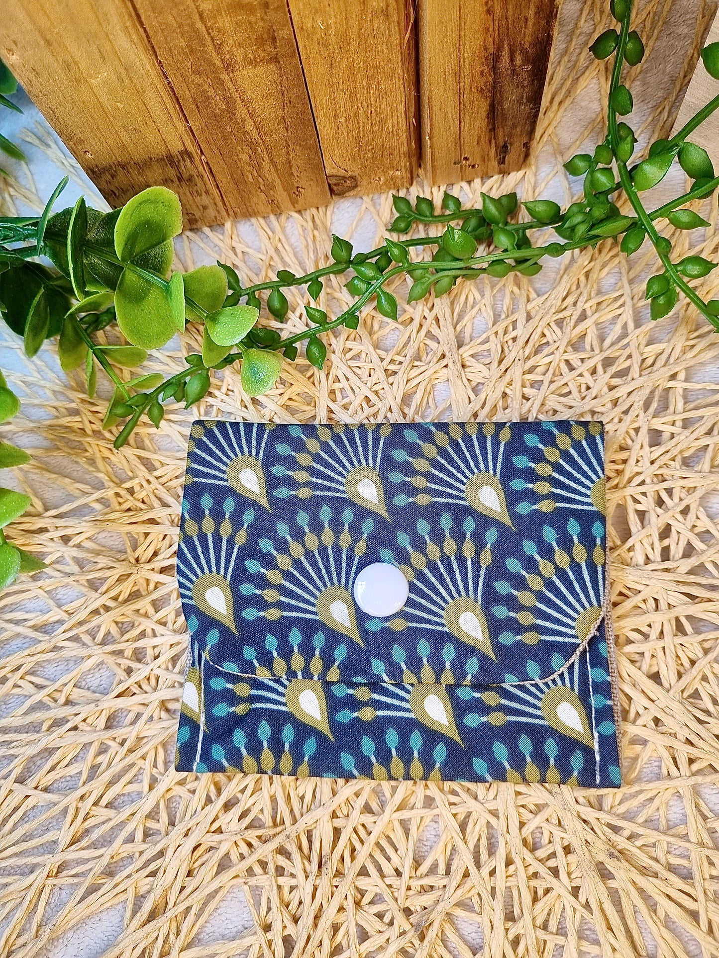 Porte Monnaie plume de paon bleue et jaune