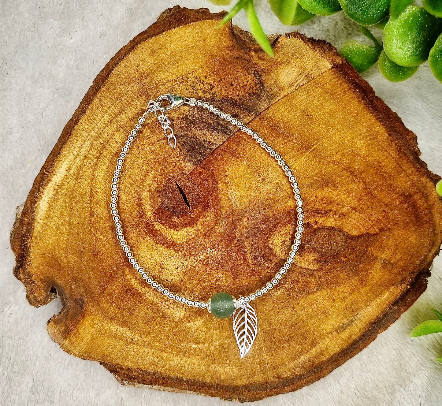 Bracelet feuille et perle verte