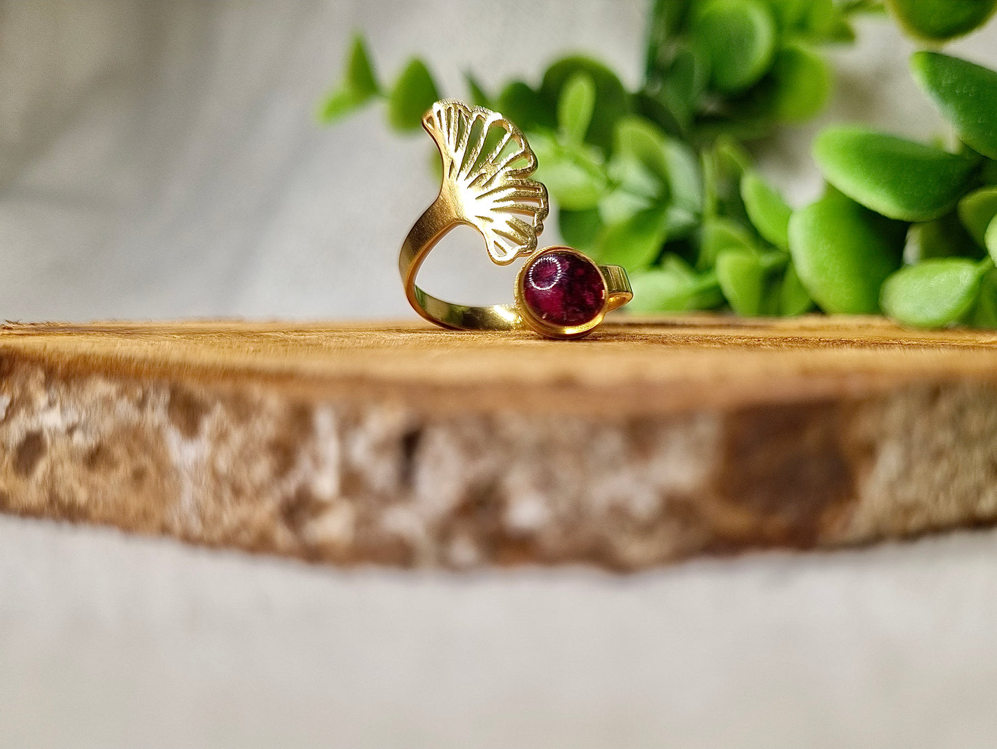 Bague feuilles de gingko et pétales de rose