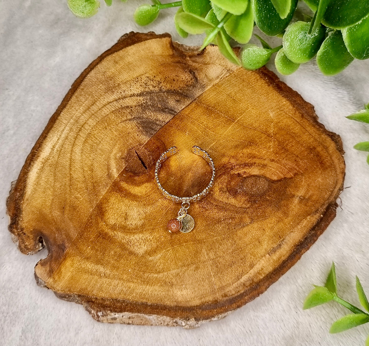 Bague pampille et perle marron pailletée